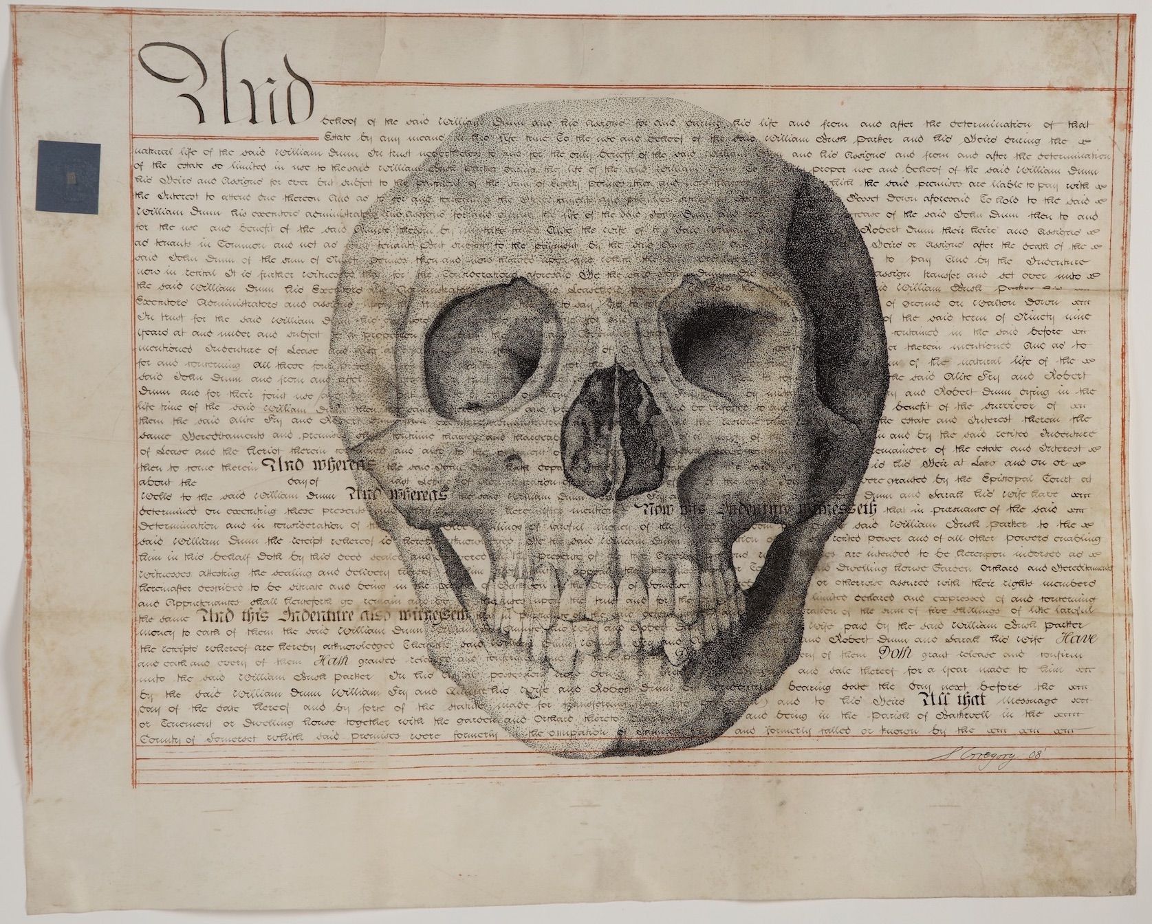 Steven Gregory, (b.1952), School of the Said William, 2008, pen and ink on conserved antique vellum document, 59 x 73 cm.